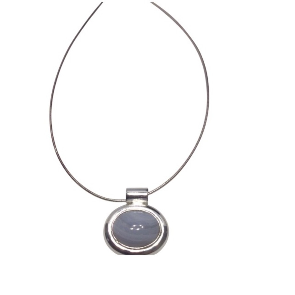 Sterling Silver Blue Lace Agate Pendant on Silver tone chain.